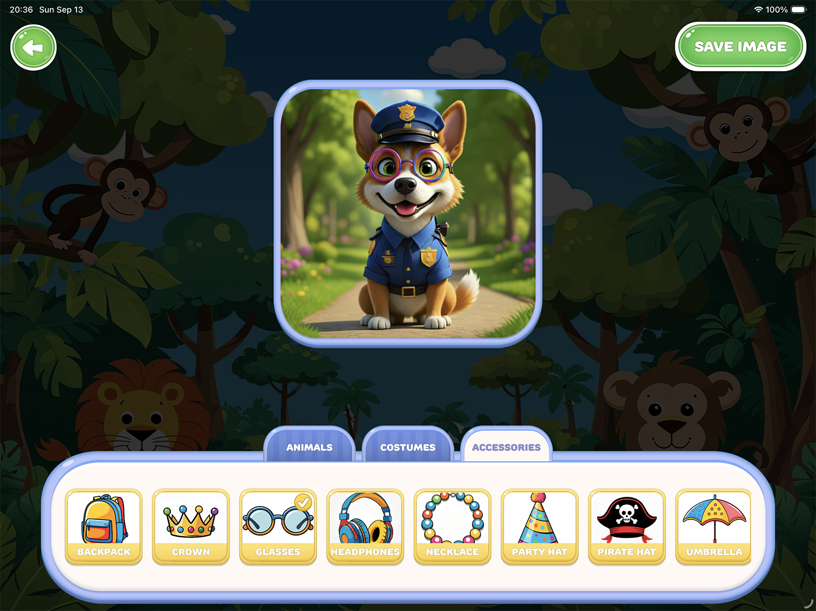 Animal World's Creative Mode screen showing a corgi dressed as a police officer, with tabs for Animals, Costumes, and Accessories below