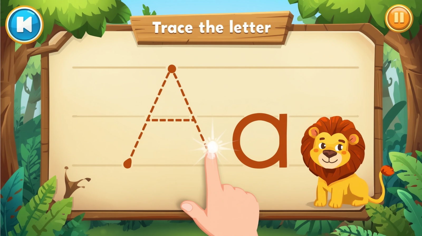 Letter Tracer — trace dashed letters with a finger, magical sparkle follows the stroke