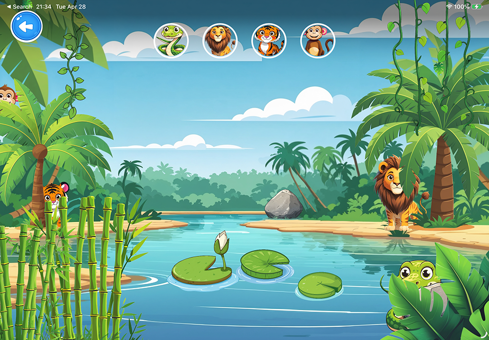 More jungle scenes — tropical river with animals hiding