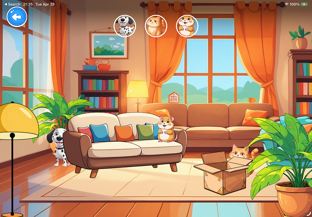 Find Dalmatian, cat, and hamster hiding in the living room