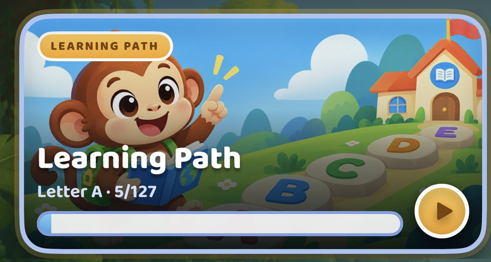 Alphabet Learning Path card showing Letter A progress, 5 of 127 levels complete
