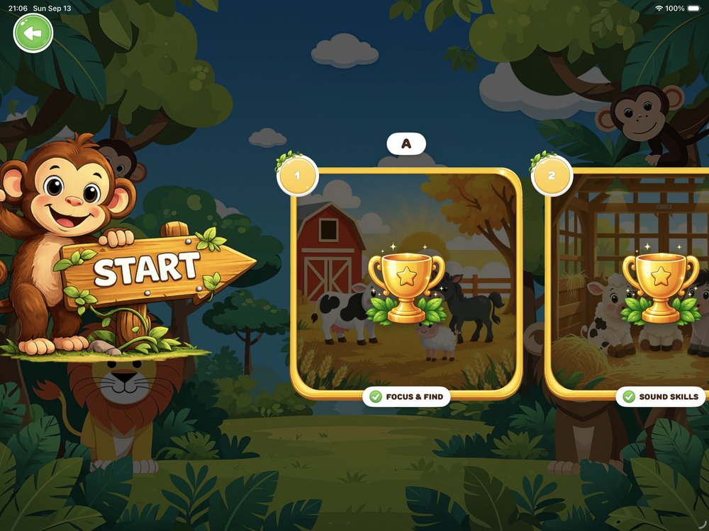 Letter A level select in the Alphabet Learning Path, with Focus and Find and Sound Skills modes