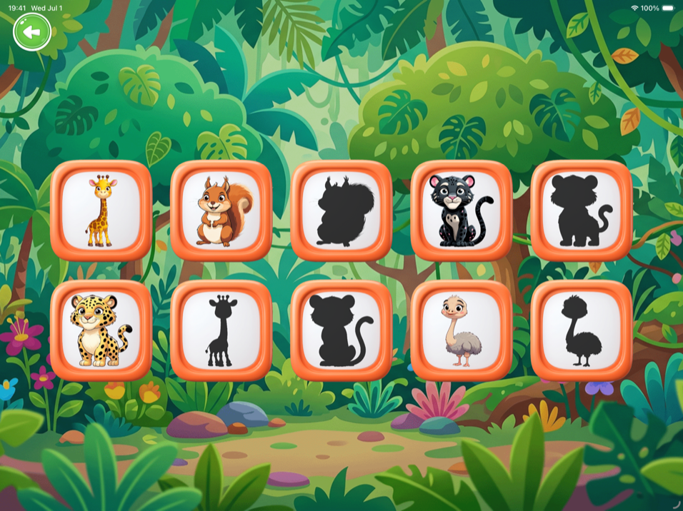 Shadow matching mode — match each animal to its black shadow in the jungle