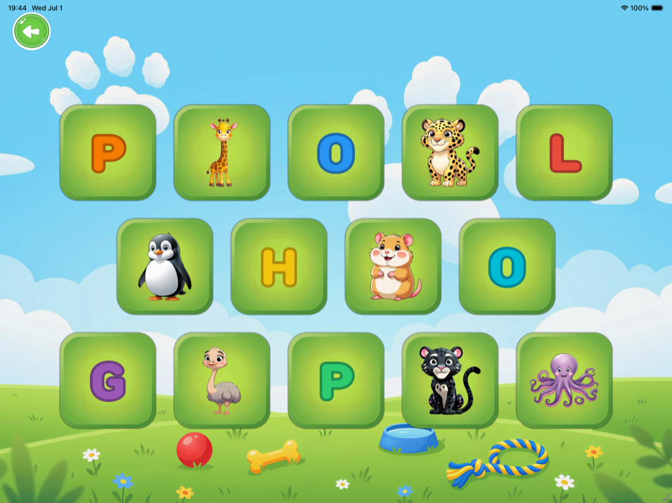 First-letter matching mode — match each animal to the letter its name begins with