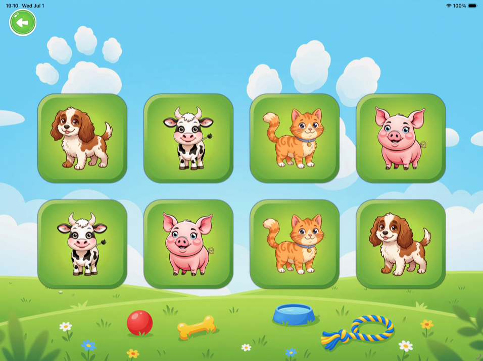 Memory card game — match identical animal pairs