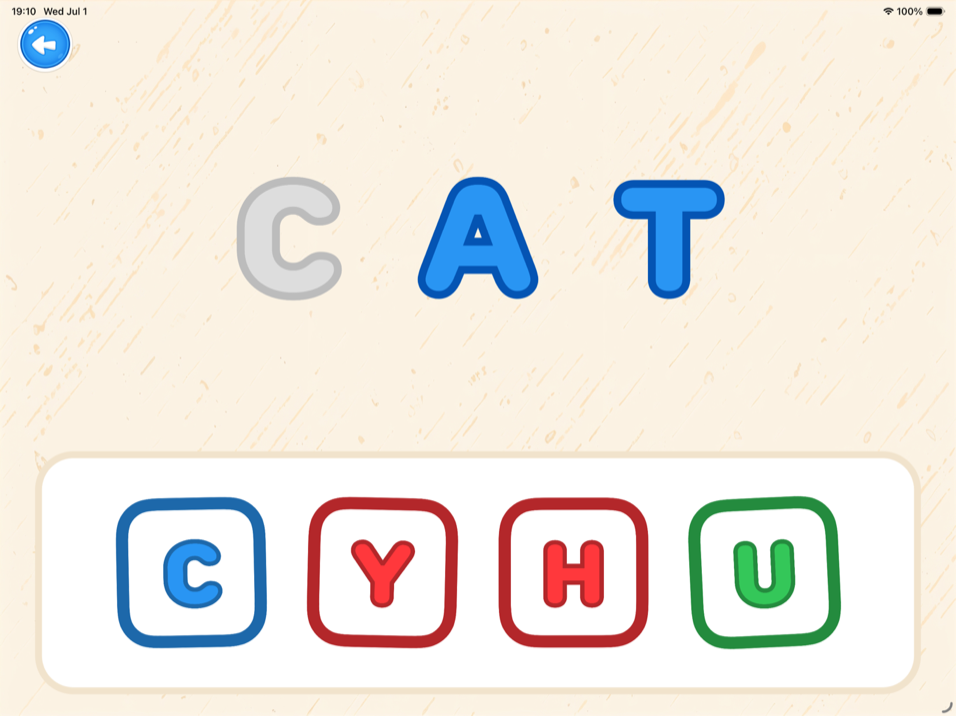Spelling mini-game — choose the missing letter to spell CAT